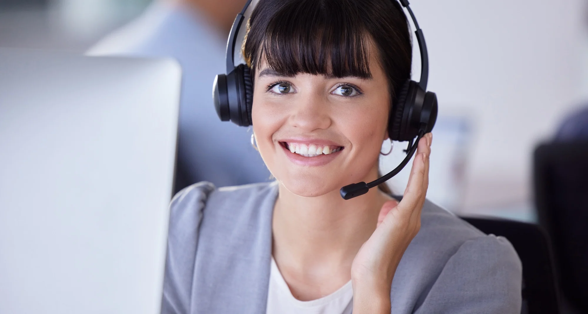 Callcenter, happy or portrait of woman with microphone for customer support, consulting or networki